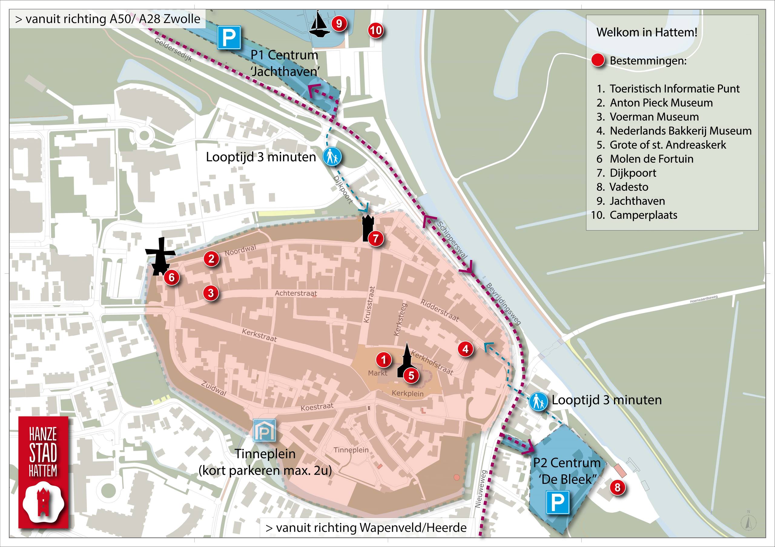 Een kaart van het centrum van Hattem, met daarop de parkeerplaatsen rondom het centrum. En een aantal belangrijke trekpleisters in het centrum.